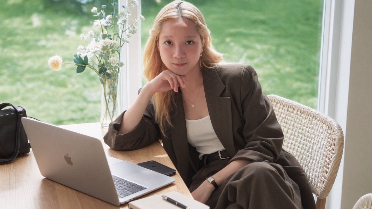 Roslyn Kwangate working at a laptop by a window